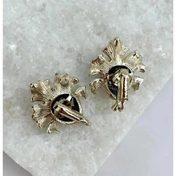 Vintage Coro Signed Gold Toned Floral MCM Iridescent Rhinestone Clip On Studs - Picture 5 of 7